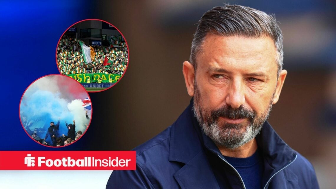 Derek McInnes looking at Celtic and Rangers fans in circle