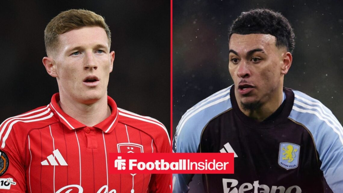 Nottingham Forest midfielder Elliot Anderson with Aston Villa midfielder Morgan Rogers