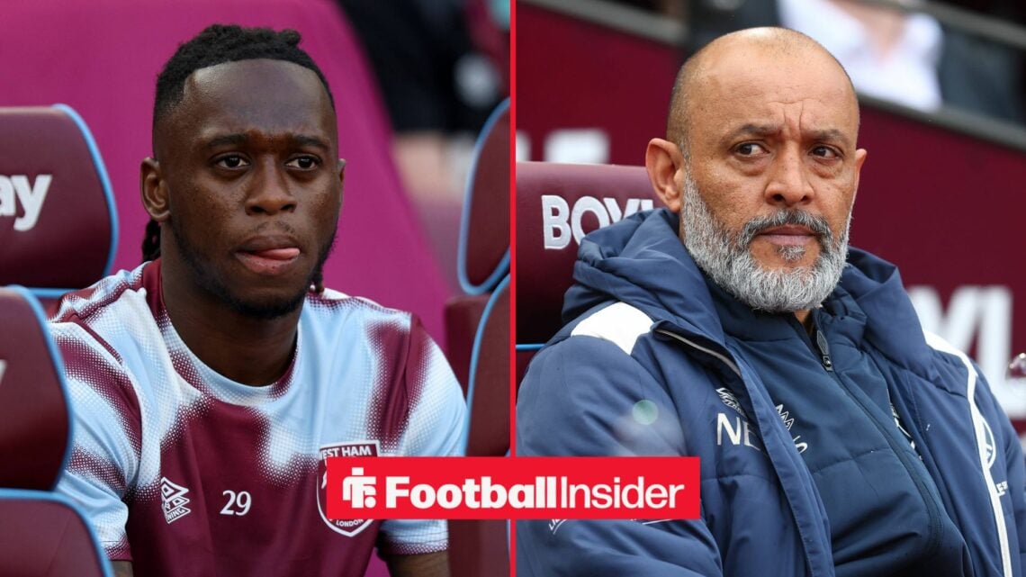 West Ham defender Aaron Wan-Bissaka sits on the bench, as manager Nuno Espirito Santo glances across from the other side of a split image.