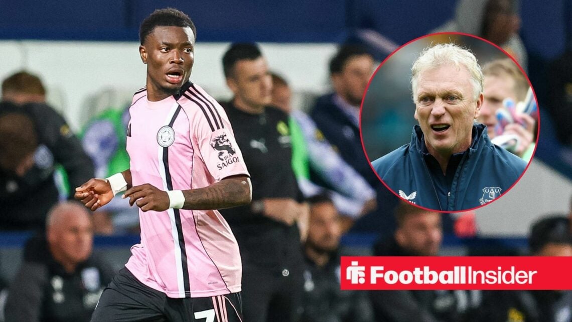 Leicester City winger Abdul Fatawu in action during a game, while Everton manager David Moyes shouts in a circular inset.