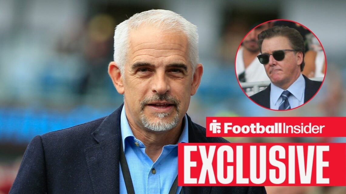 Burnley owner Alan Pace alongside a circular inset of Everton owner Dan Friedkin.