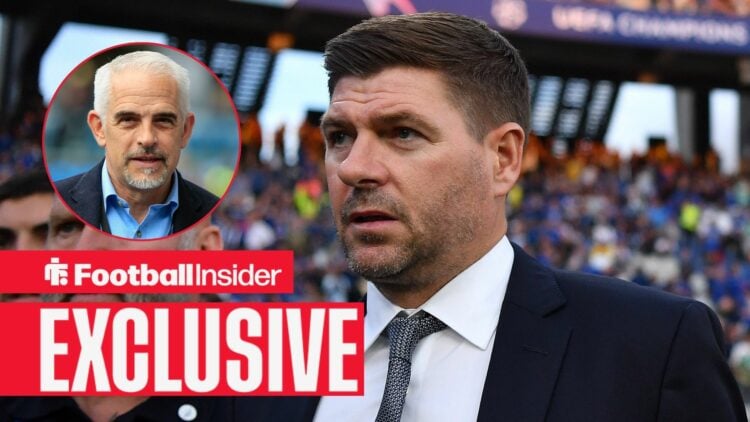 Steven Gerrard alongside a circular inset of Burnley owner Alan Pace