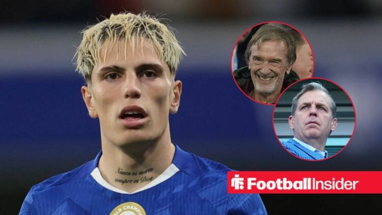 Alejandro Garnacho in action for Chelsea, with Jim Ratcliffe and Todd Boehly in circular insets