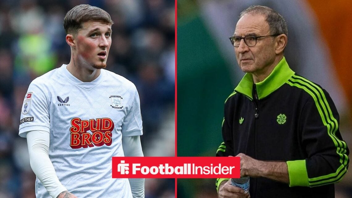 Preston midfielder Alfie Devine in action during a game, as Celtic manager Martin O'Neill watches on the other side of a split image.