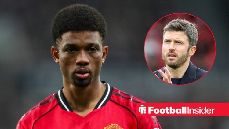 Amad Diallo in action for Man United, with Michael Carrick in a circular inset