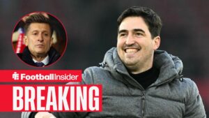 Andoni Iraola on the sidelines at Bournemouth, with Steve Parish in a circular inset