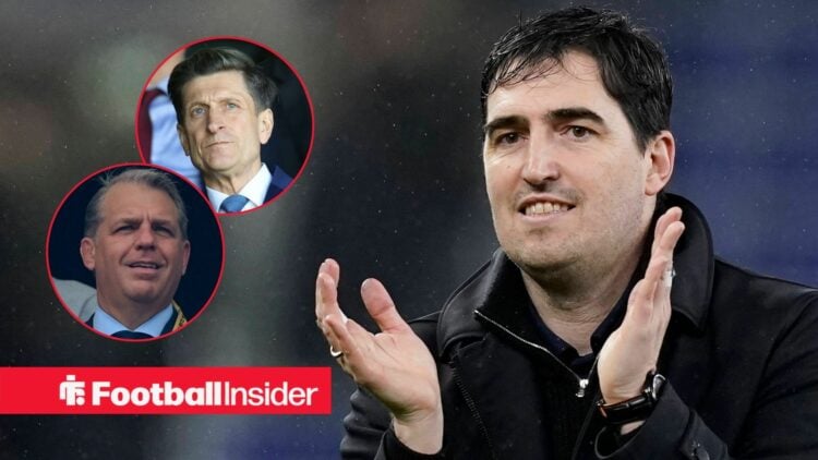 Andoni Iraola on the sidelines at Bournemouth, with Steve Parish and Todd Boehly in circular insets