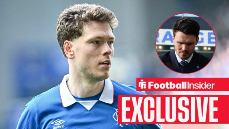 Football Insider exclusive as Rangers winger Andreas Skov Olsen stares towards manager Danny Rohl, who hangs his head in a circular inset.