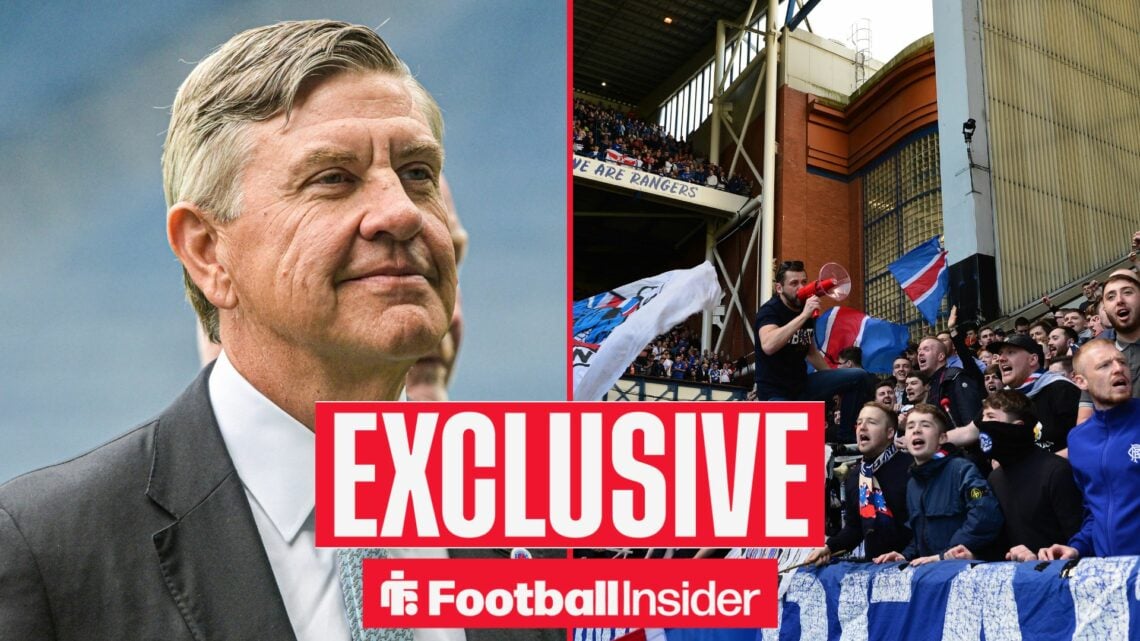Rangers chairman Andrew Cavenagh alongside Rangers supporters at Ibrox.