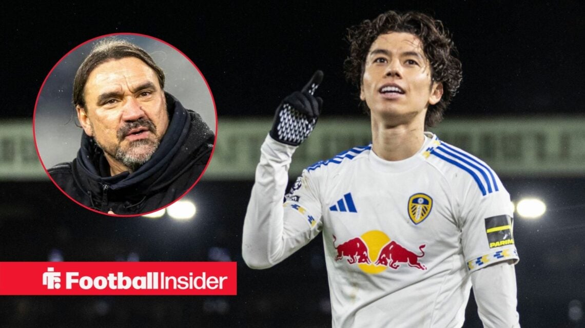 Leeds midfielder Ao Tanaka celebrates a goal as manager Daniel Farke watches from a circular inset.