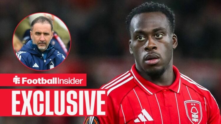 Football Insider exclusive as Nottingham Forest striker Arnaud Kalimueno stares towards manager Vitor Pereira, who features in a circular inset.