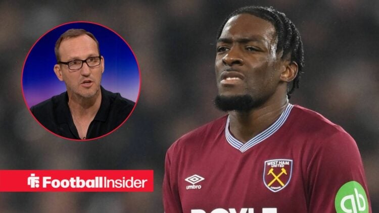 West Ham defender Axel Disasi looks concerned during a game, as pundit Mark Schwarzer watches from a circular inset.