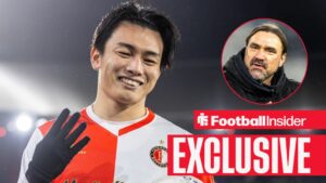 Football Insider exclusive as Feyenoord striker Ayase Ueda smiles and holds up four fingers after a game, while Leeds manager Daniel Farke watches from a circular inset.