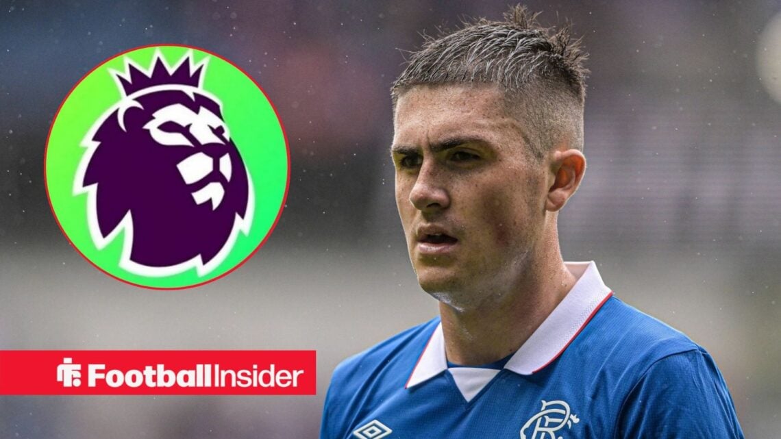 Bailey Rice in action for Rangers, with the Premier League badge in a circular inset