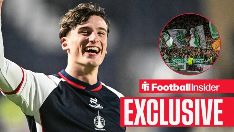 Football Insider exclusive as Falkirk striker Barney Stewart smiles while punching the air, as Celtic fans feature in a circular inset.