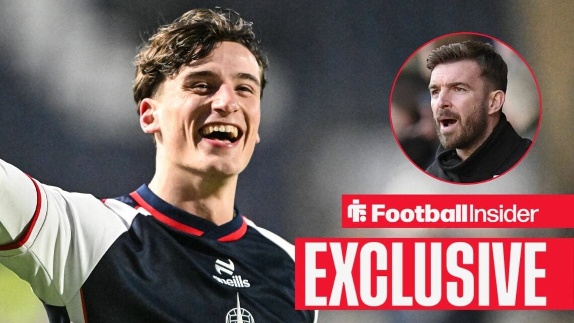 Barney Stewart celebrating for Falkirk, with James Morrison in a circular inset