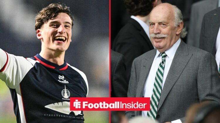 Falkirk striker Barney Stewart smiles after a game, while Celtic owner Dermot Desmond watches from the stands on the other side of a split image.