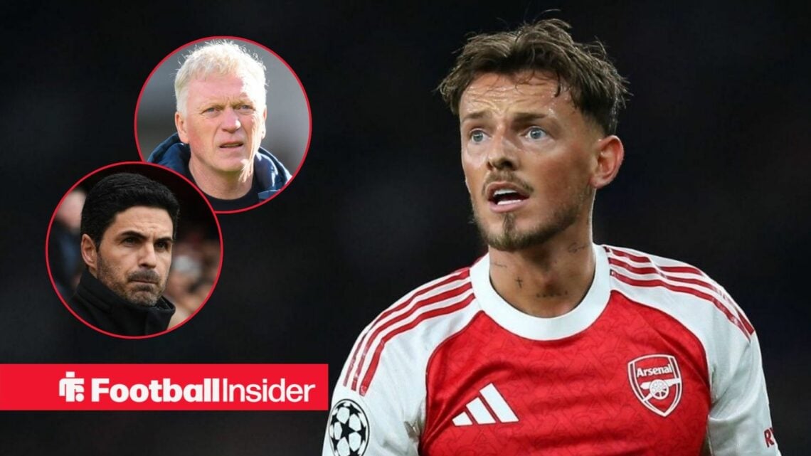 Ben White in action for Arsenal, with David Moyes and Mikel Arteta in circular insets