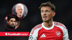 Ben White in action for Arsenal, with David Moyes and Mikel Arteta in circular insets