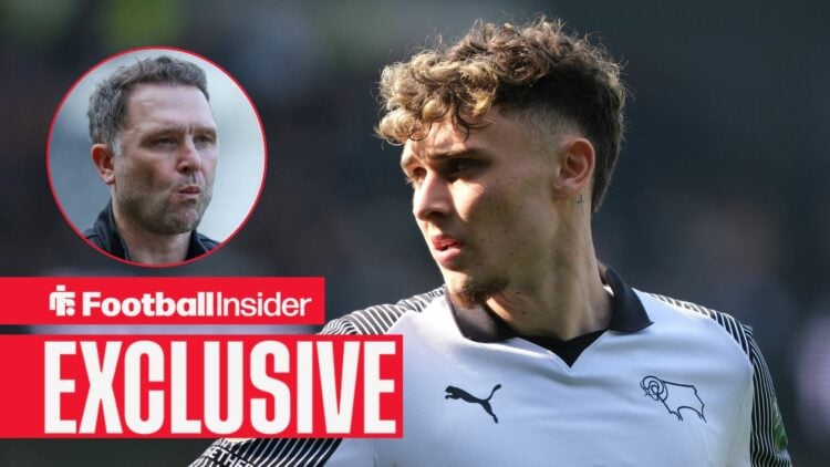 Football Insider exclusive as Derby County midfielder Bobby Clark stares towards manager John Eustace, who watches from a circular inset.