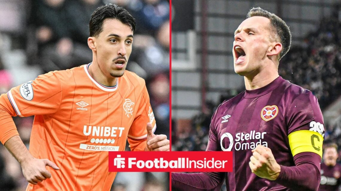 Bojan Miovski of Rangers during the William Hill Premiership match at Tynecastle Park, Edinburgh 21/12/2025 / Lawrence Shankland of Heart of Midlot...