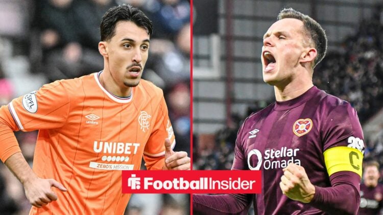 Bojan Miovski of Rangers during the William Hill Premiership match at Tynecastle Park, Edinburgh 21/12/2025 / Lawrence Shankland of Heart of Midlot...