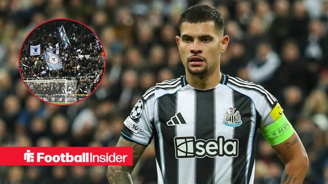 Newcastle captain Bruno Guimaraes stands with his hands on his hips during a game, as the fans wave flags in a circular inset.