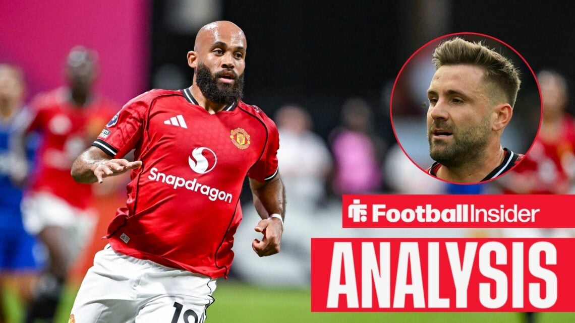 Bryan Mbeumo in action for Manchester United alongside a circular inset of Luke Shaw.
