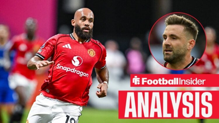 Bryan Mbeumo in action for Manchester United alongside a circular inset of Luke Shaw.