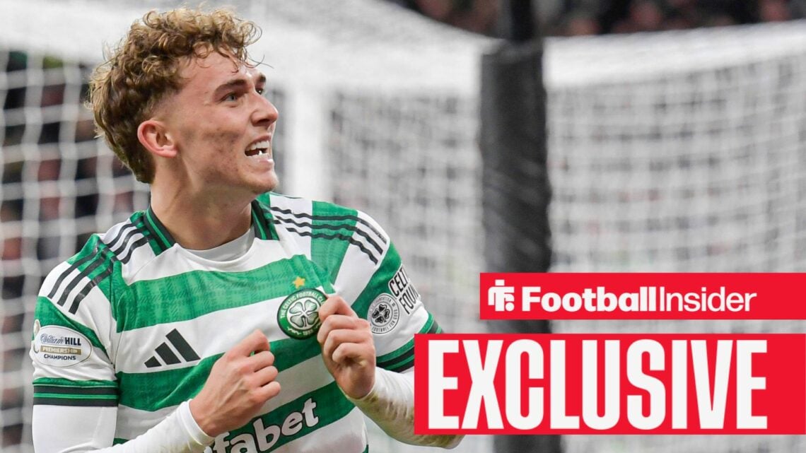 Callum Osmand of Celtic scores their sides third goal of the match and celebrates his goal with James Forrest during the Premier Sports Cup Semi-Fi...