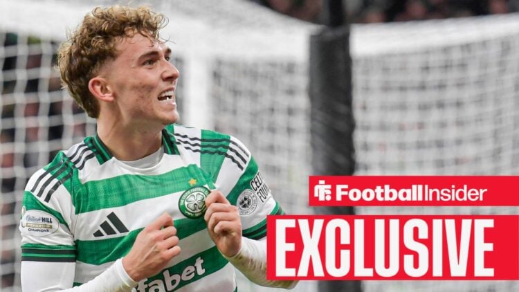 Callum Osmand of Celtic scores their sides third goal of the match and celebrates his goal with James Forrest during the Premier Sports Cup Semi-Fi...