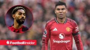 Manchester United midfielder Casemiro in action during a game, while teammate Matheus Cunha watches from a circular inset.