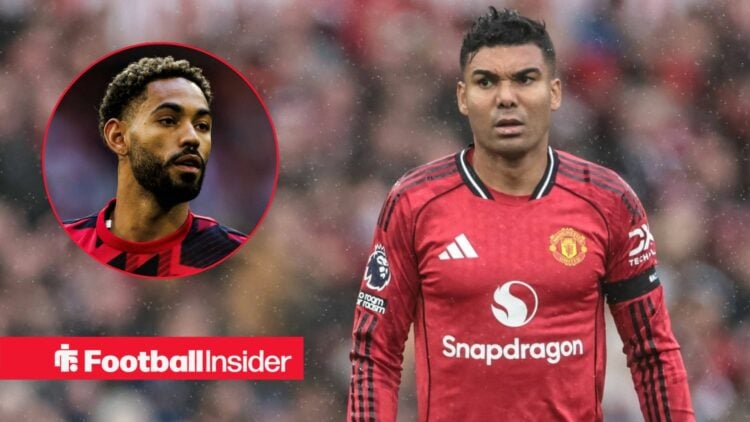 Manchester United midfielder Casemiro in action during a game, while teammate Matheus Cunha watches from a circular inset.