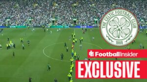 Celtic supporters pour onto Celtic Park pitch after 3-1 win vs Hearts on 16 May, 2026
