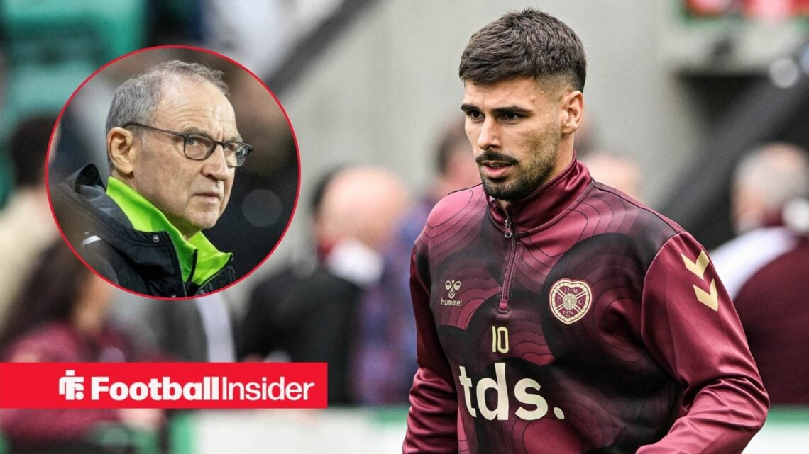 Hearts striker Claudio Braga warms up for a game, as Celtic manager Martin O'Neill looks concerned in a circular inset.