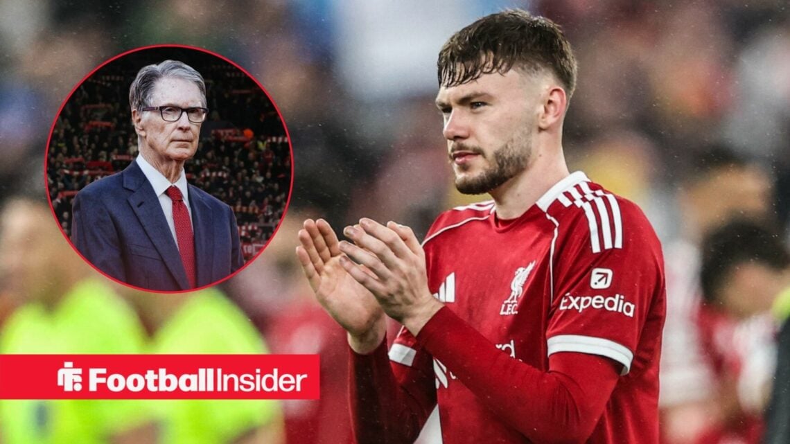 Liverpool defender Conor Bradley applauds as owner John W. Henry watches from a circular inset.