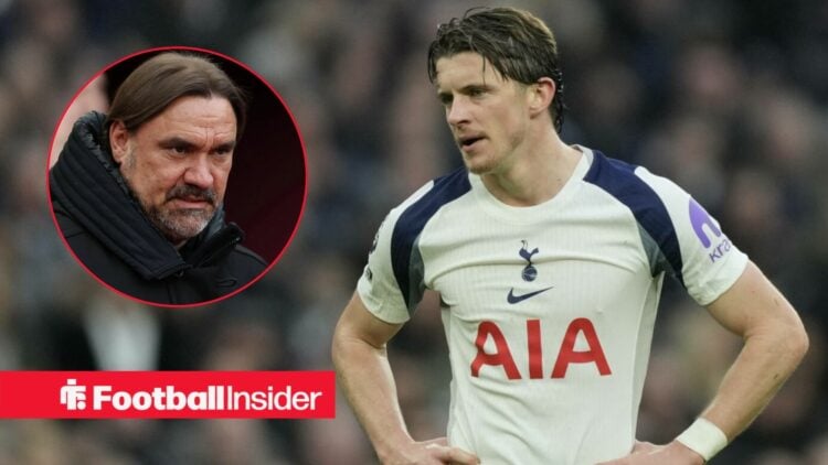 Tottenham midfielder Conor Gallagher stands with his hands on his hips during a game, as Leeds manager Daniel Farke watches from a circular inset.