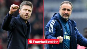 Manchester United interim manager Michael Carrick with Nottingham Forest manager Vitor Pereira celebrates