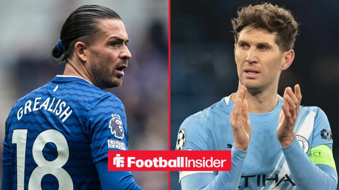 Everton winger Jack Grealish, Man City defender John Stones claps