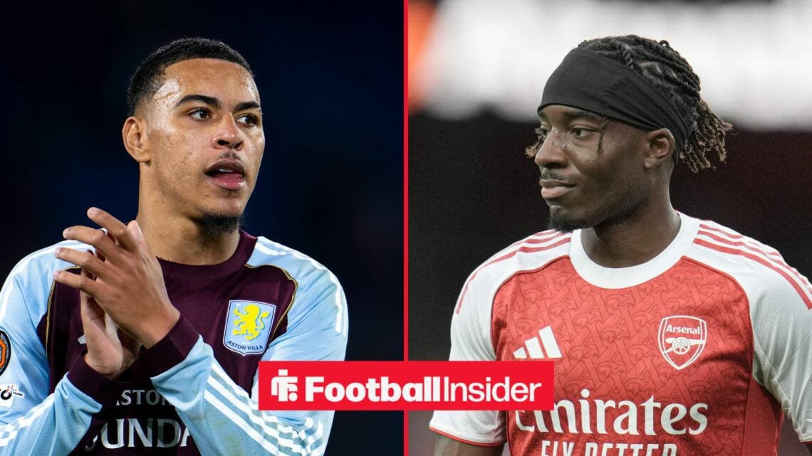 Aston Villa midfielder Morgan Rogers with Arsenal winger Noni Madueke