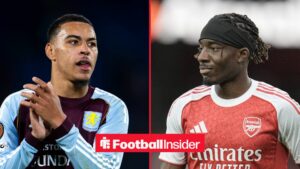 Aston Villa midfielder Morgan Rogers with Arsenal winger Noni Madueke