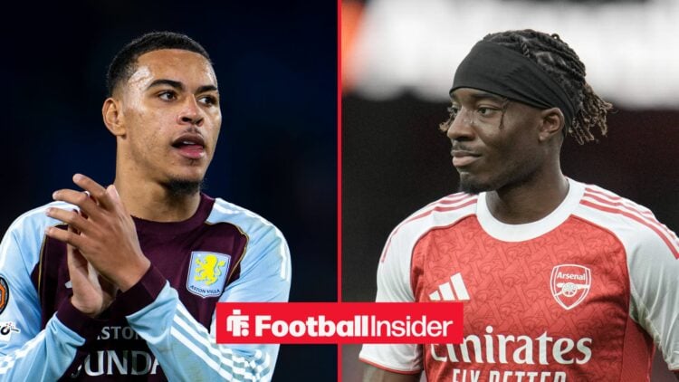 Aston Villa midfielder Morgan Rogers with Arsenal winger Noni Madueke