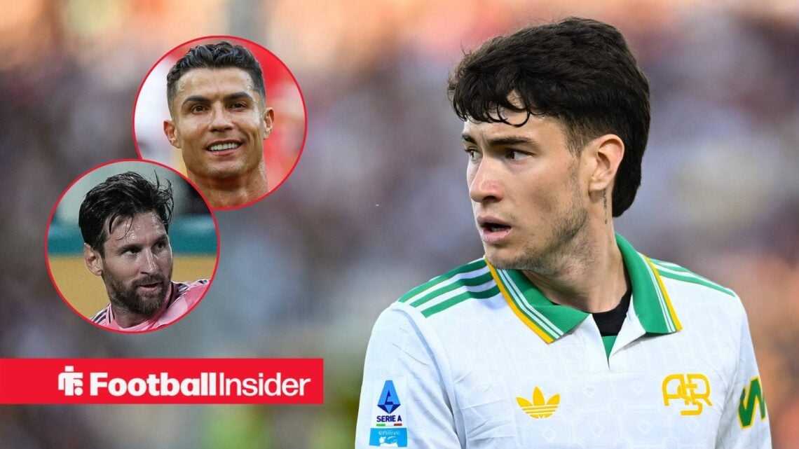 Roma midfielder Matias Soule with Cristiano Ronaldo and Lionel Messi