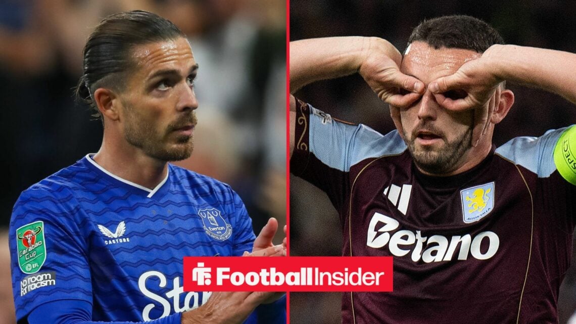Everton winger Jack Grealish claps with Aston Villa midfielder John McGinn celebrates