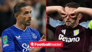 Everton winger Jack Grealish claps with Aston Villa midfielder John McGinn celebrates