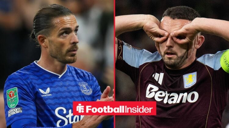 Everton winger Jack Grealish claps with Aston Villa midfielder John McGinn celebrates