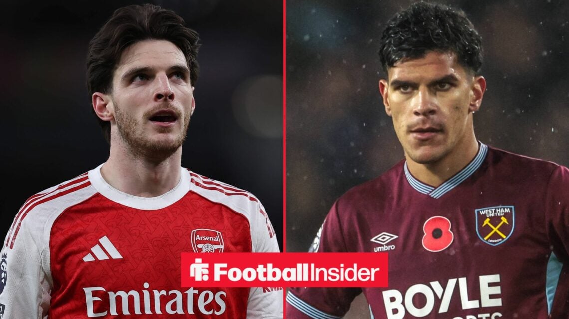 Arsenal midfielder Declan Rice with West Ham midfielder Mateus Fernandes
