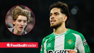 Real Betis winger Abde Ezzalzouli with Newcastle winger Anthony Gordon inset
