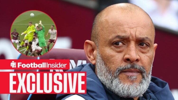 West Ham manager Nuno Espirito Santo with West Ham vs Arsenal incident inset