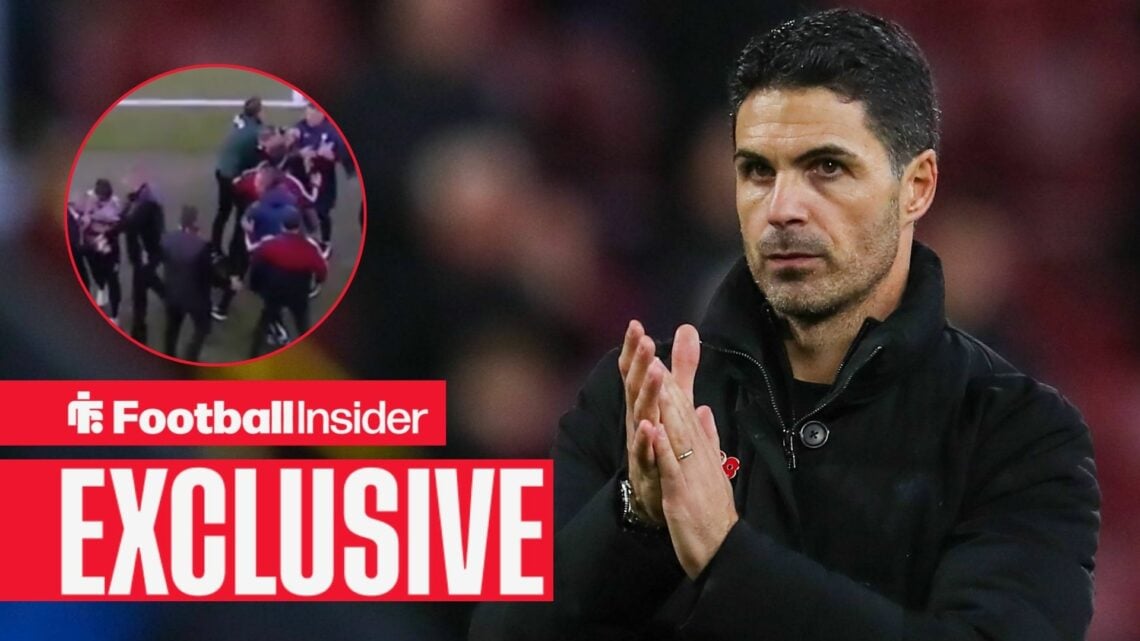 Arsenal manager Mikel Arteta claps with Arsenal vs Atleti scenes inset